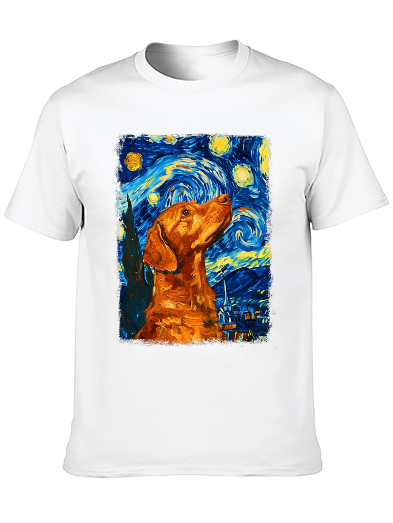 Starry Night Dog Graphic Tee - Artistic Black T-Shirt