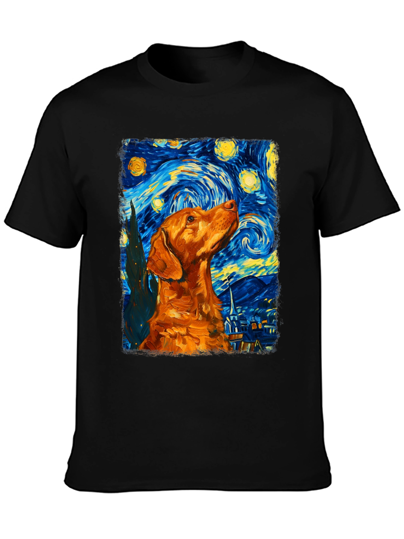 Starry Night Dog Graphic Tee - Artistic Black T-Shirt