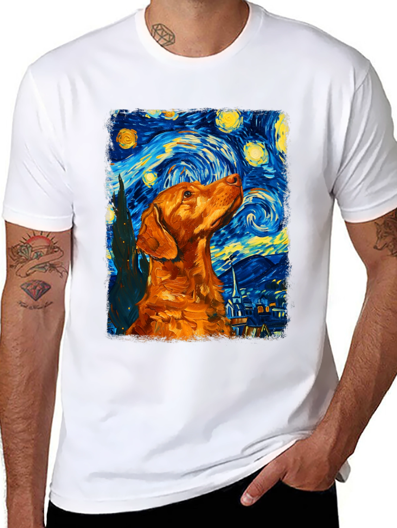 Starry Night Dog Graphic Tee - Artistic Black T-Shirt