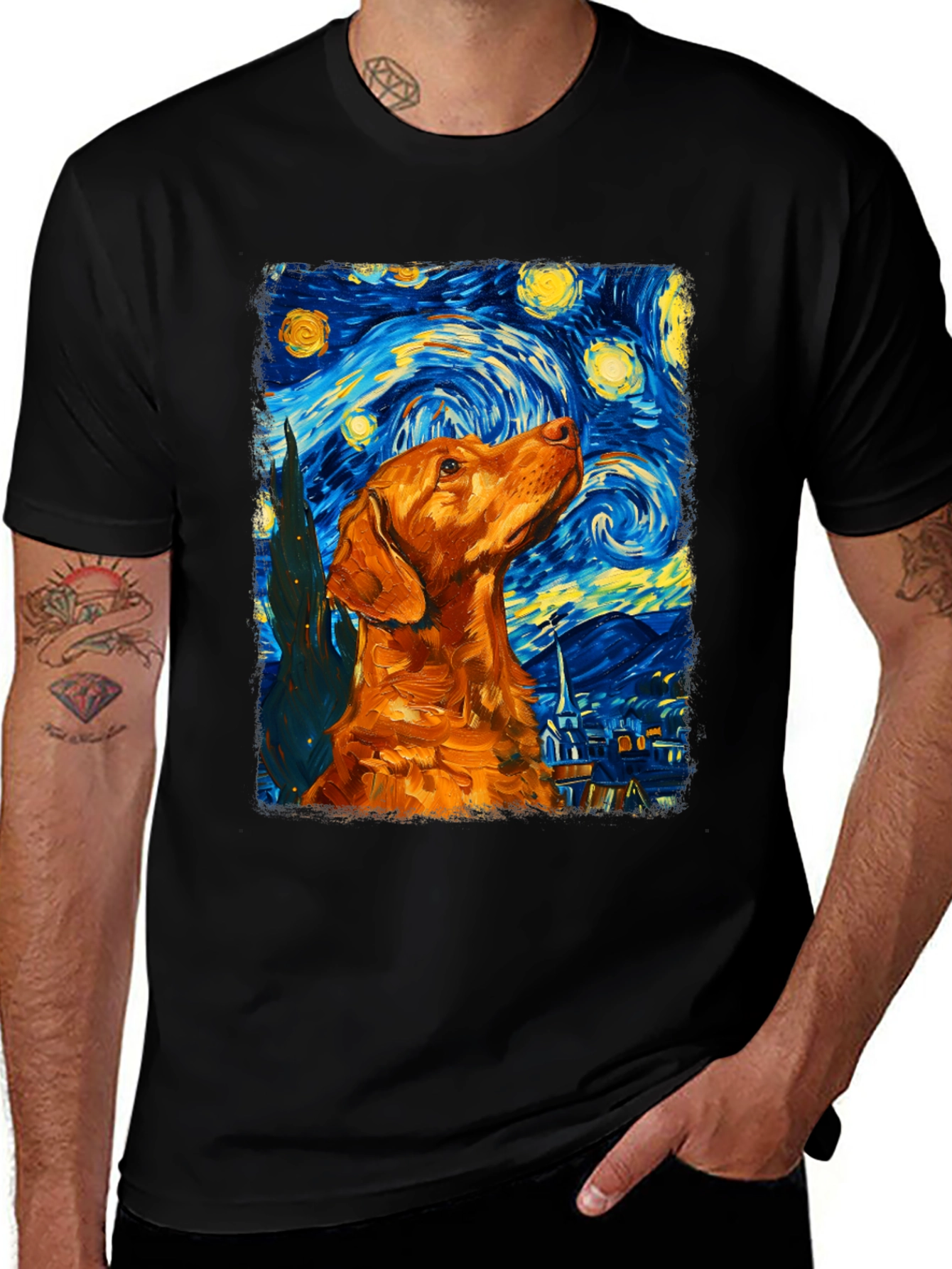 Starry Night Dog Graphic Tee - Artistic Black T-Shirt