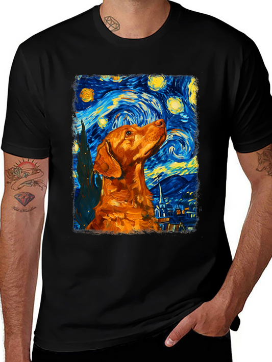 Starry Night Dog Graphic Tee - Artistic Black T-Shirt