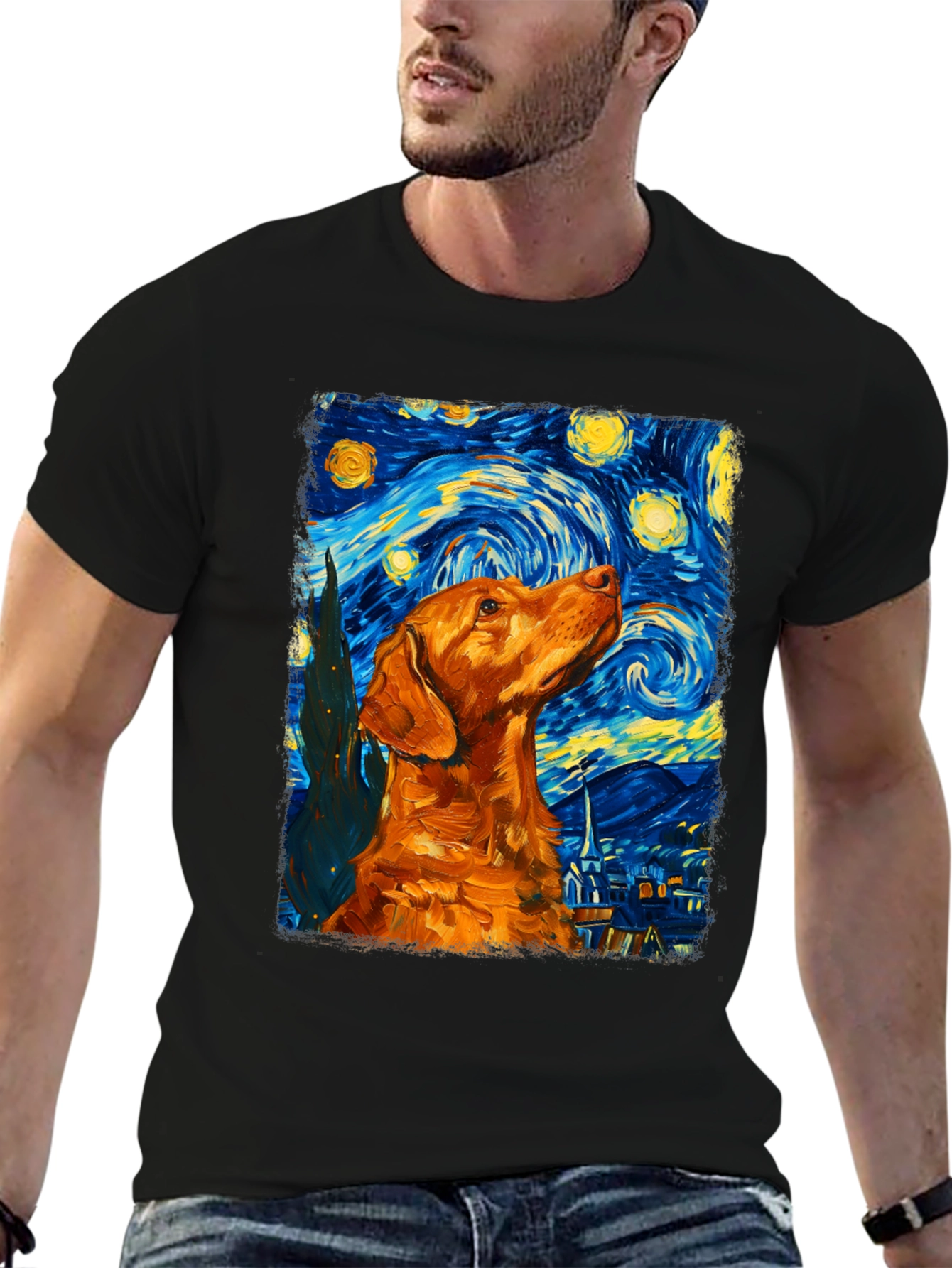 Starry Night Dog Graphic Tee - Artistic Black T-Shirt