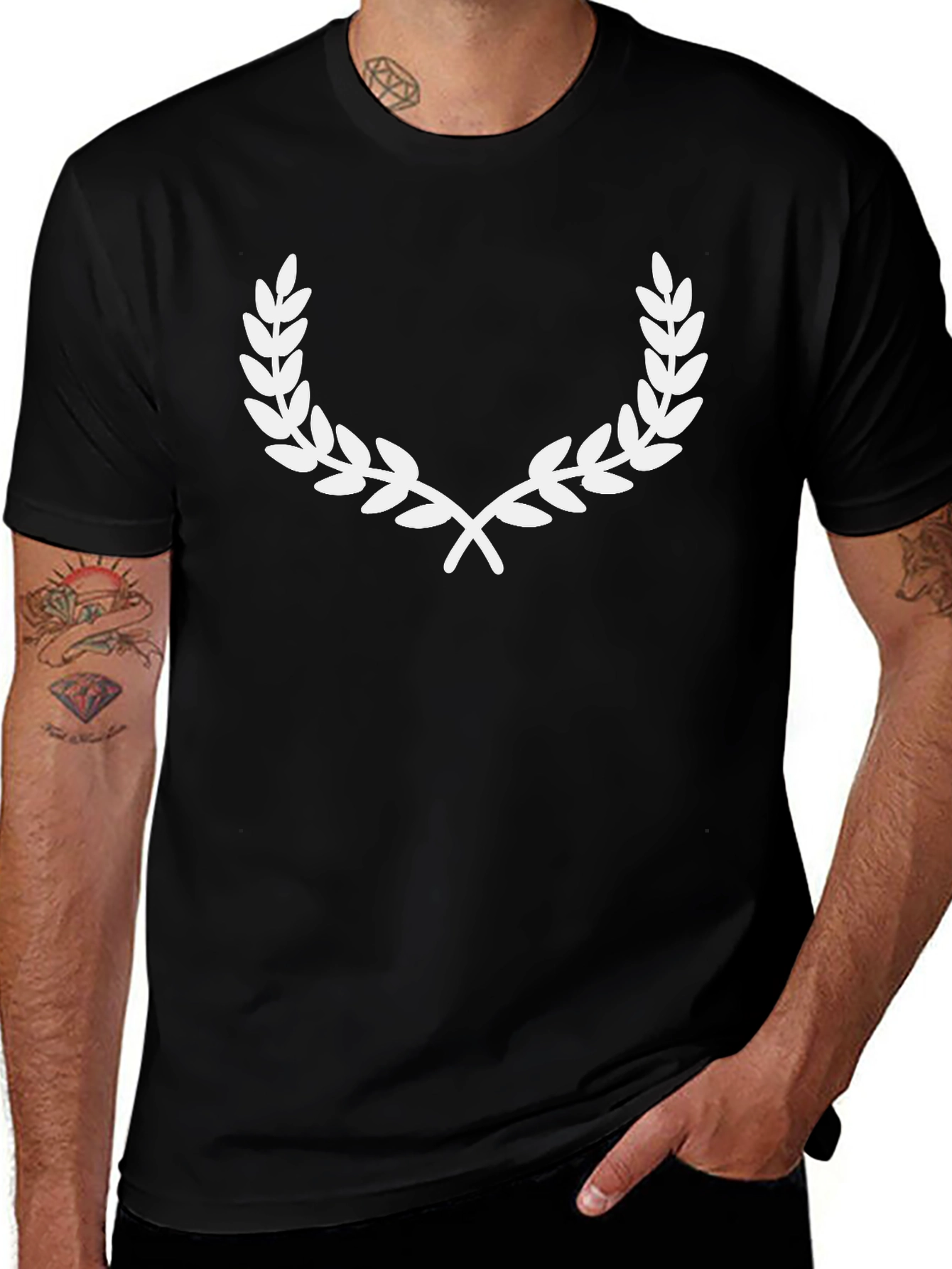 Black T-Shirt with White Laurel Wreath Graphic