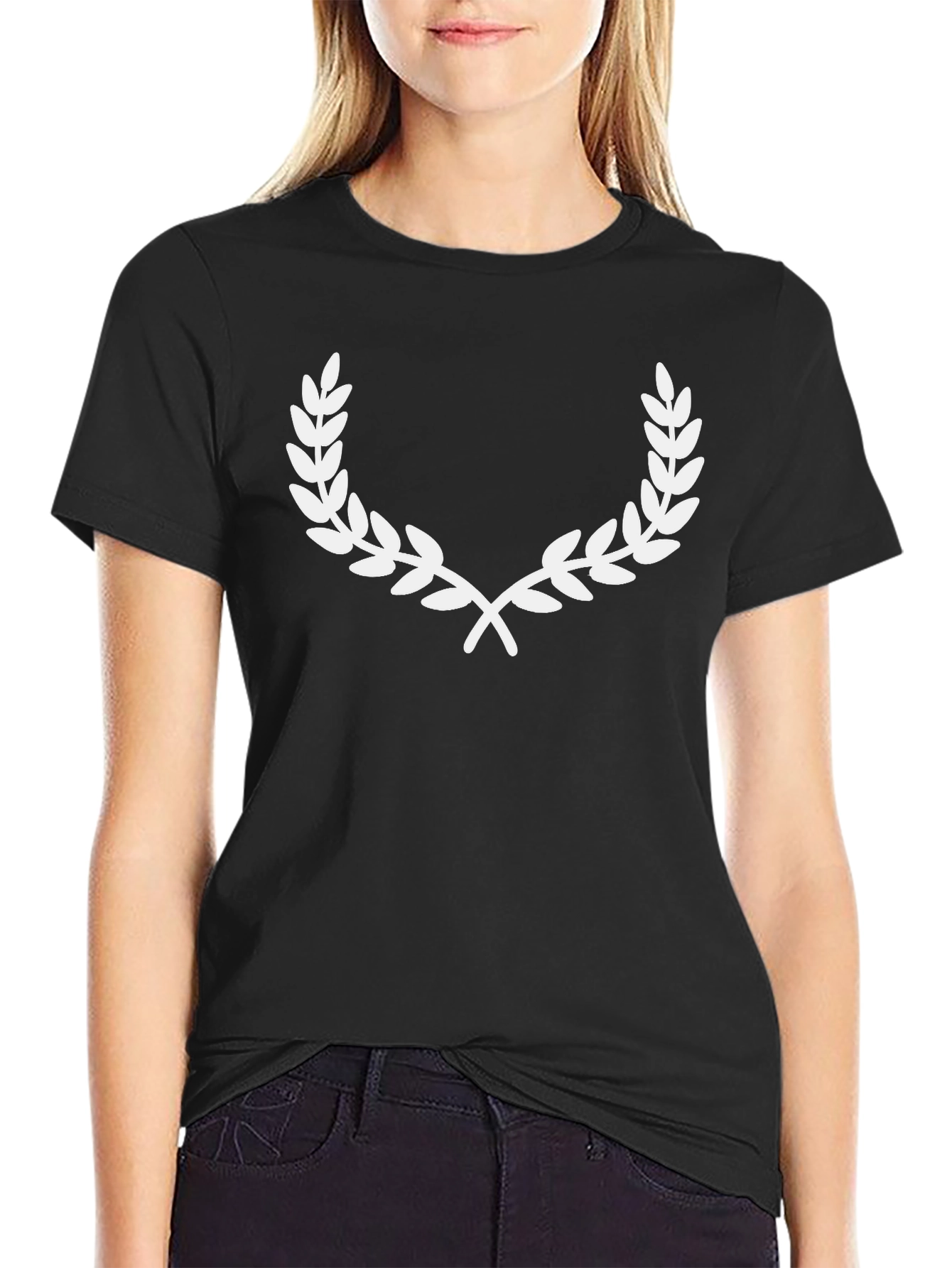 Black T-Shirt with White Laurel Wreath Graphic