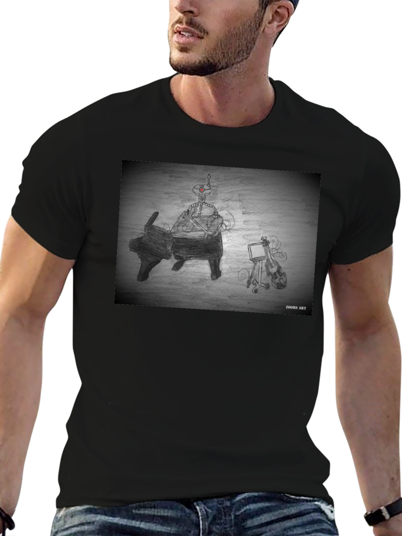 Robot Musician Tee - Artistic Black T-Shirt