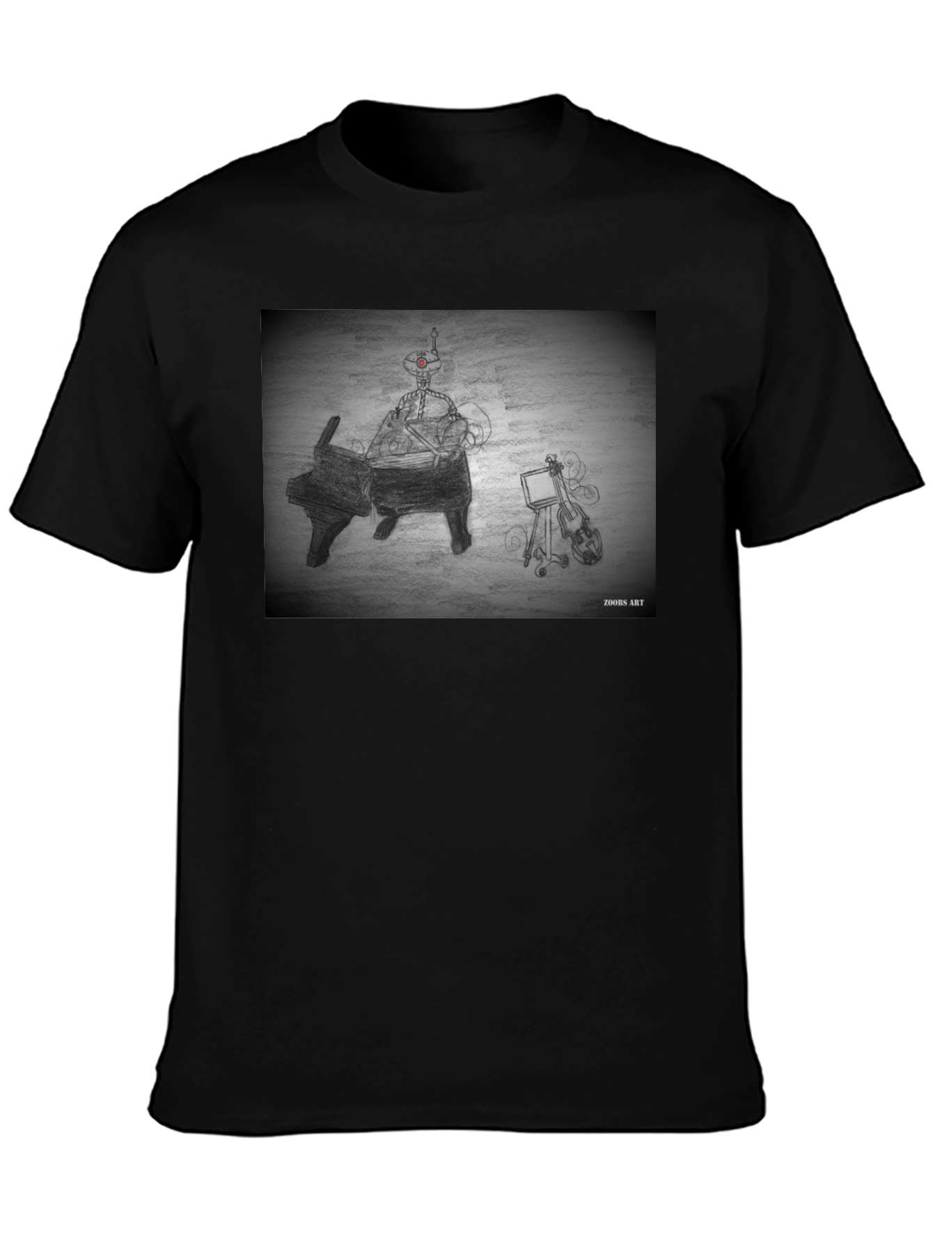 Robot Musician Tee - Artistic Black T-Shirt