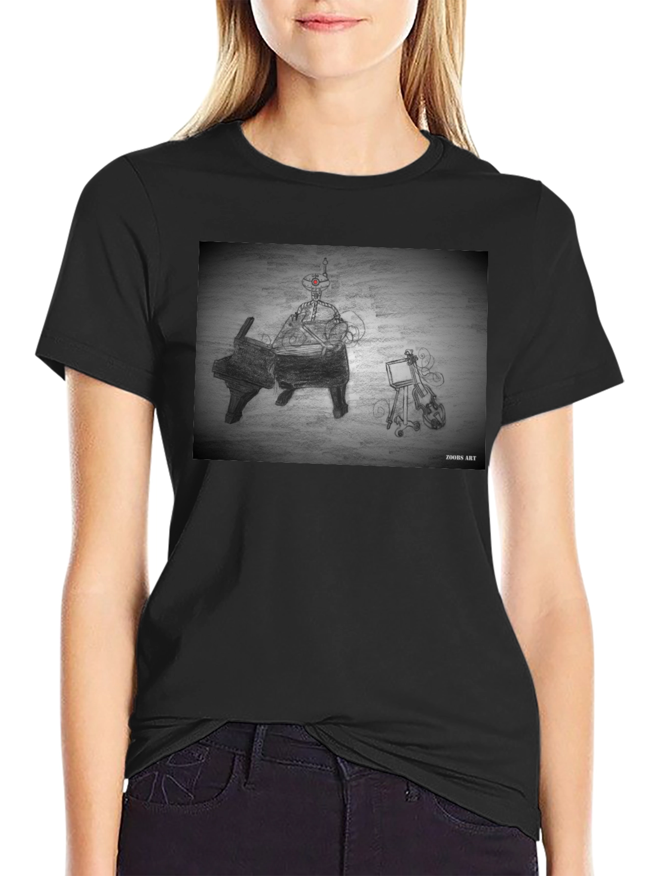 Robot Musician Tee - Artistic Black T-Shirt