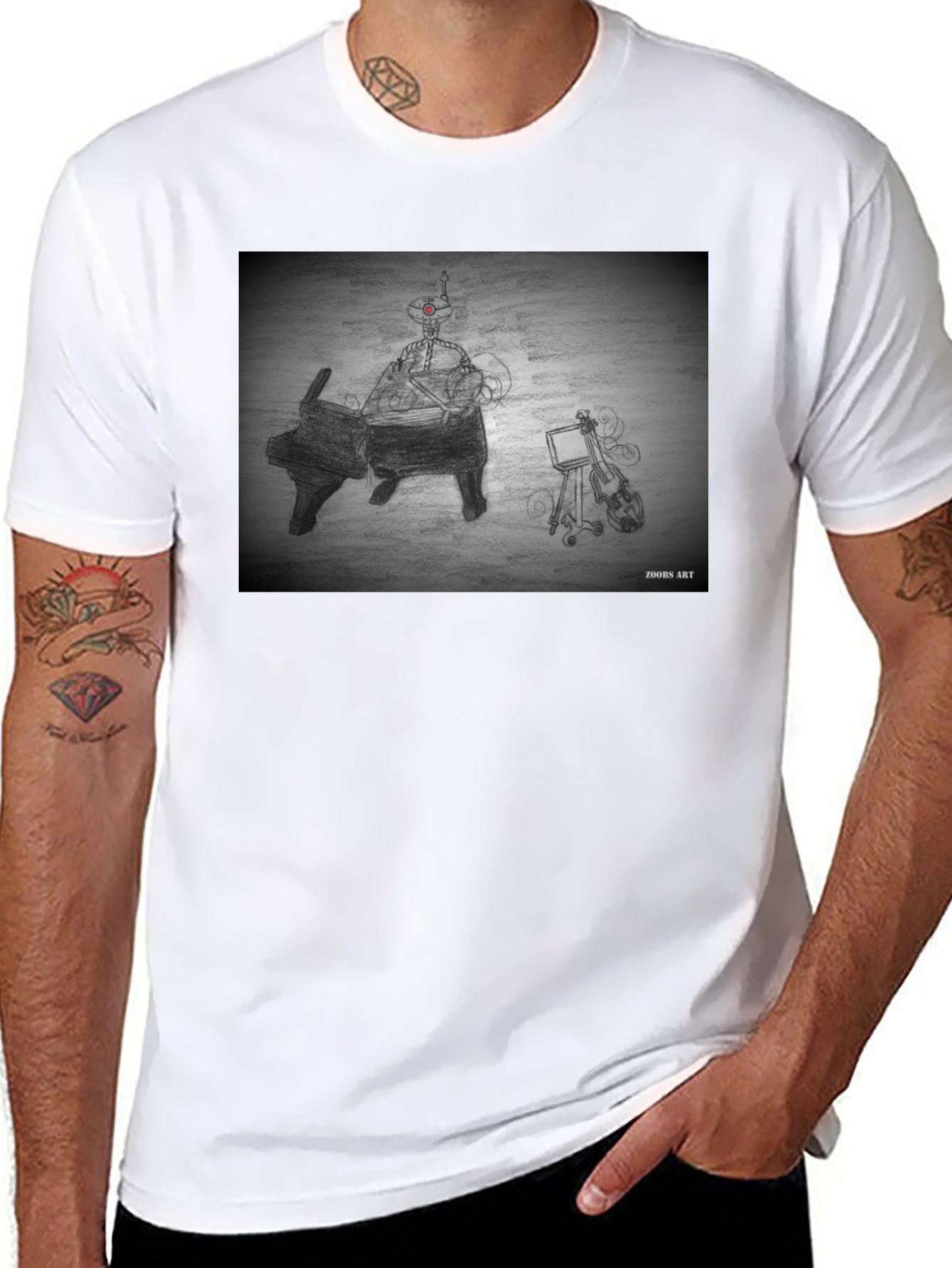 Robot Musician Tee - Artistic Black T-Shirt