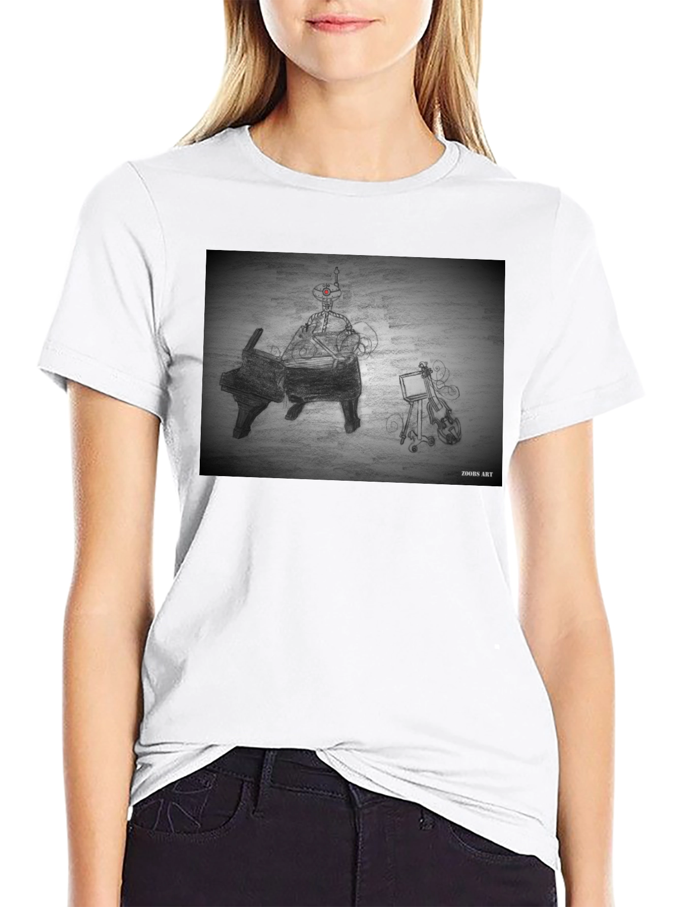 Robot Musician Tee - Artistic Black T-Shirt