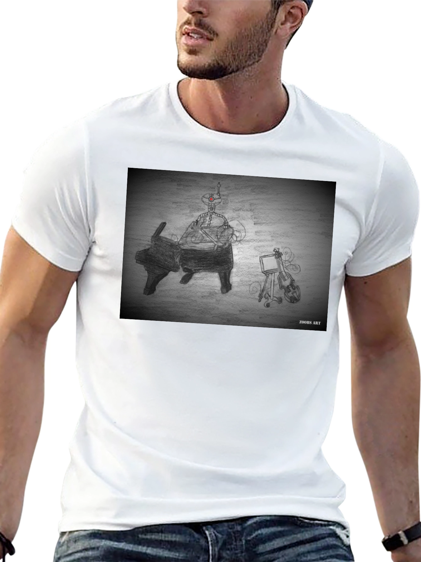 Robot Musician Tee - Artistic Black T-Shirt