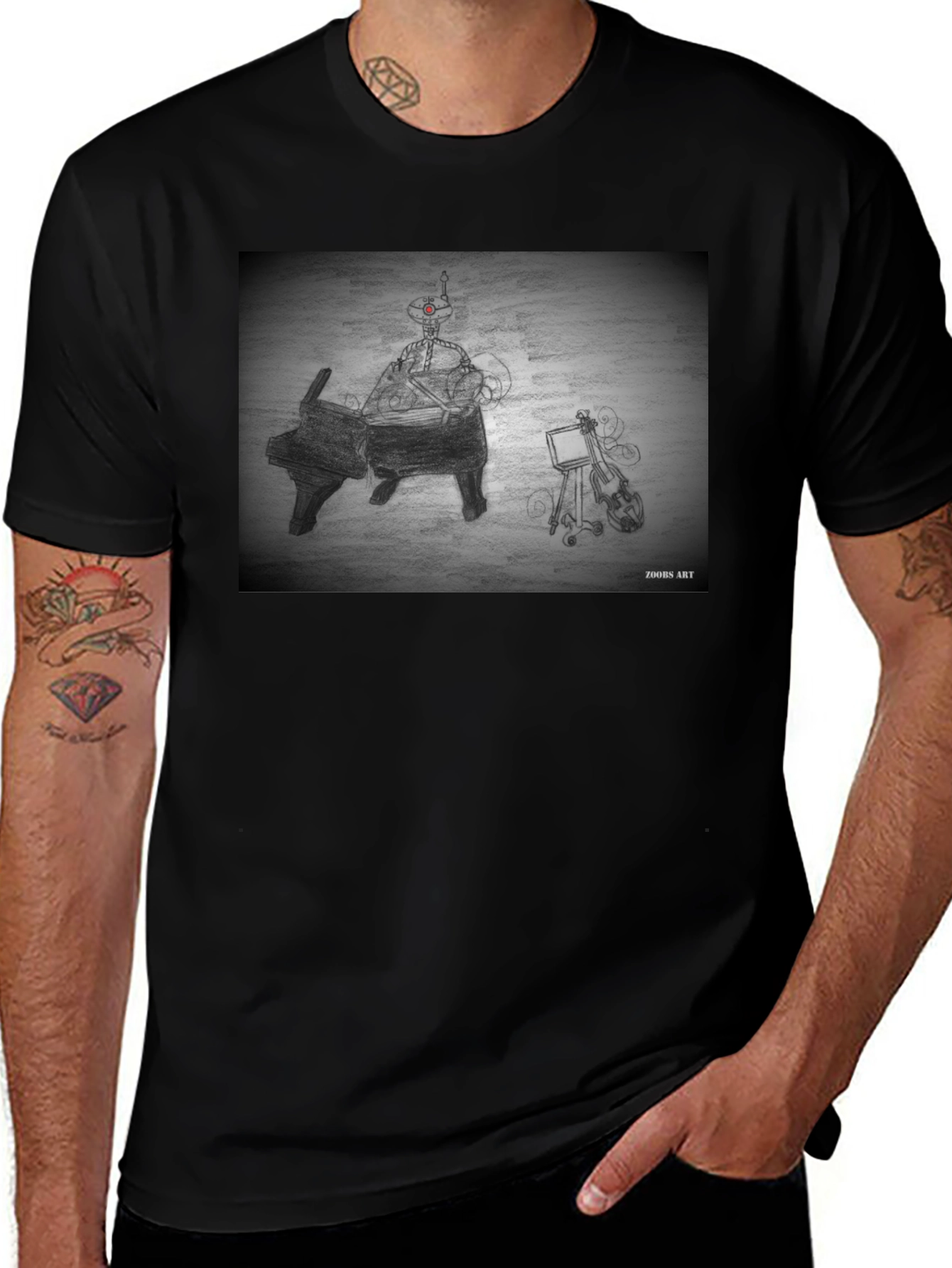 Robot Musician Tee - Artistic Black T-Shirt