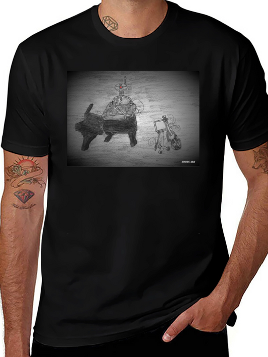 Robot Musician Tee - Artistic Black T-Shirt