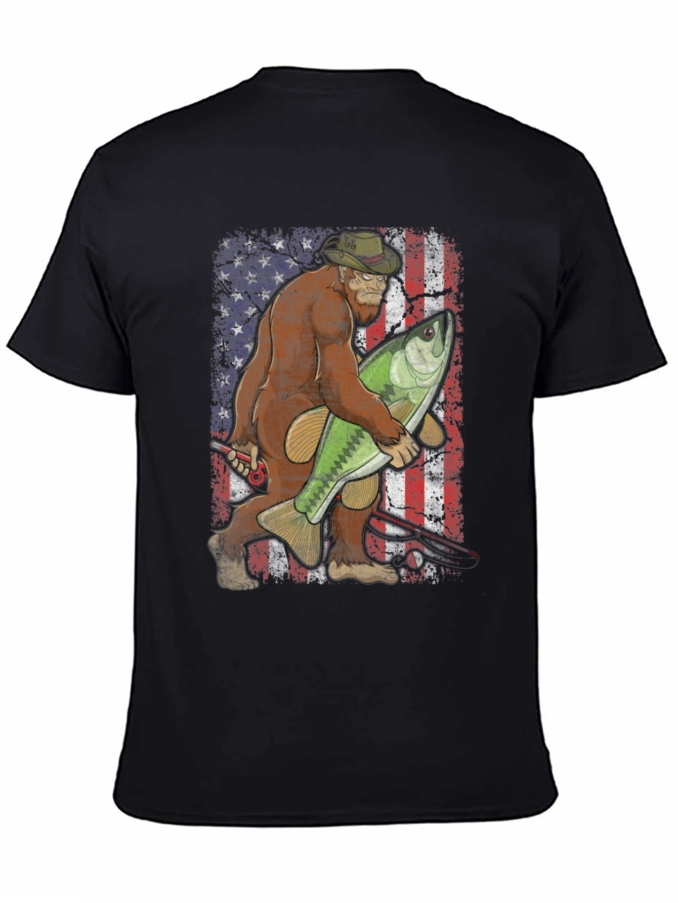 Bigfoot Fishing USA Flag T-Shirt