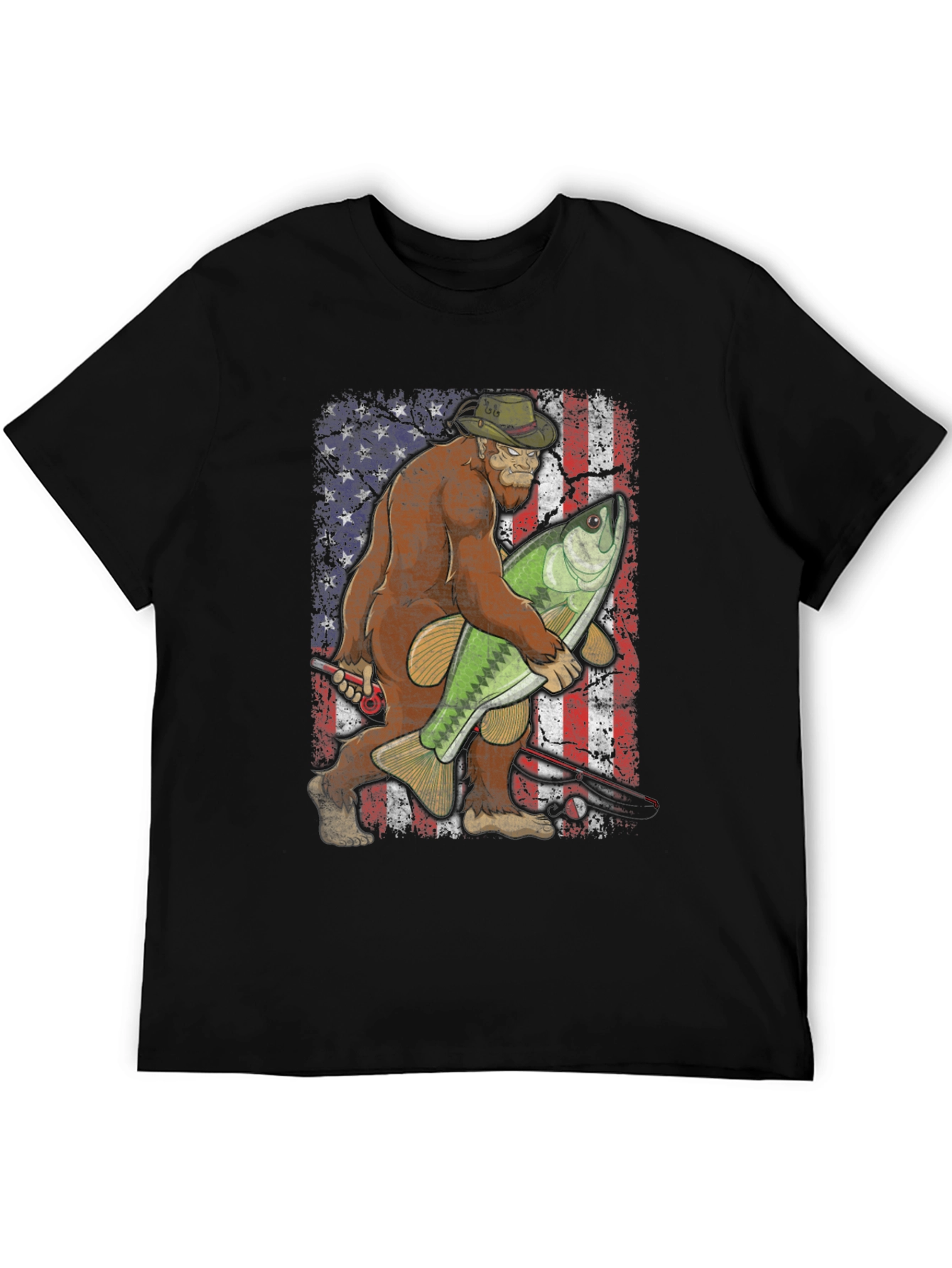 Bigfoot Fishing USA Flag T-Shirt