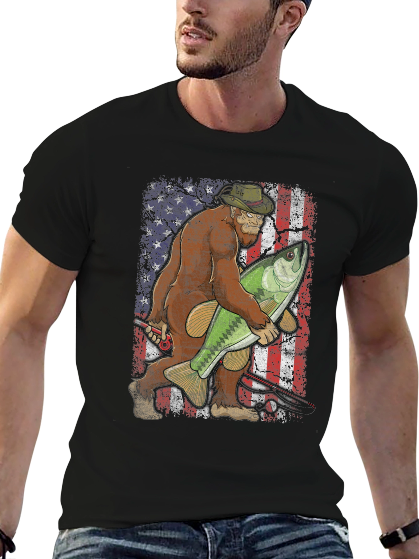Bigfoot Fishing USA Flag T-Shirt