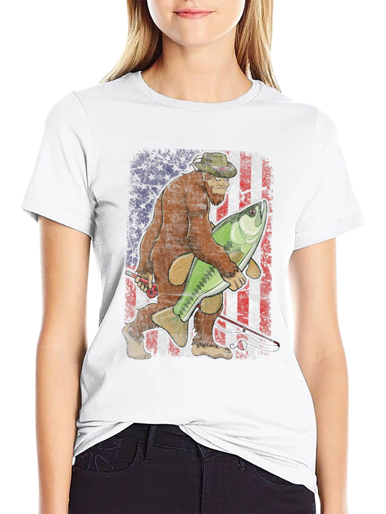 Bigfoot Fishing USA Flag T-Shirt