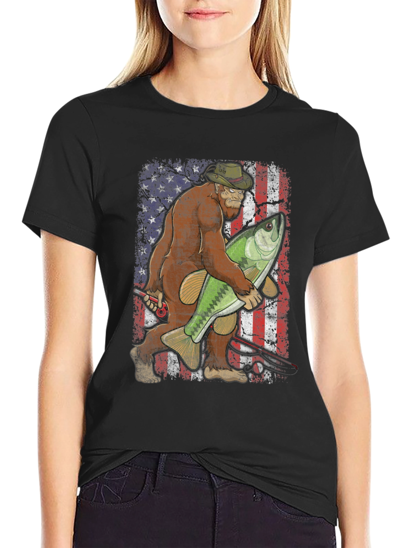 Bigfoot Fishing USA Flag T-Shirt