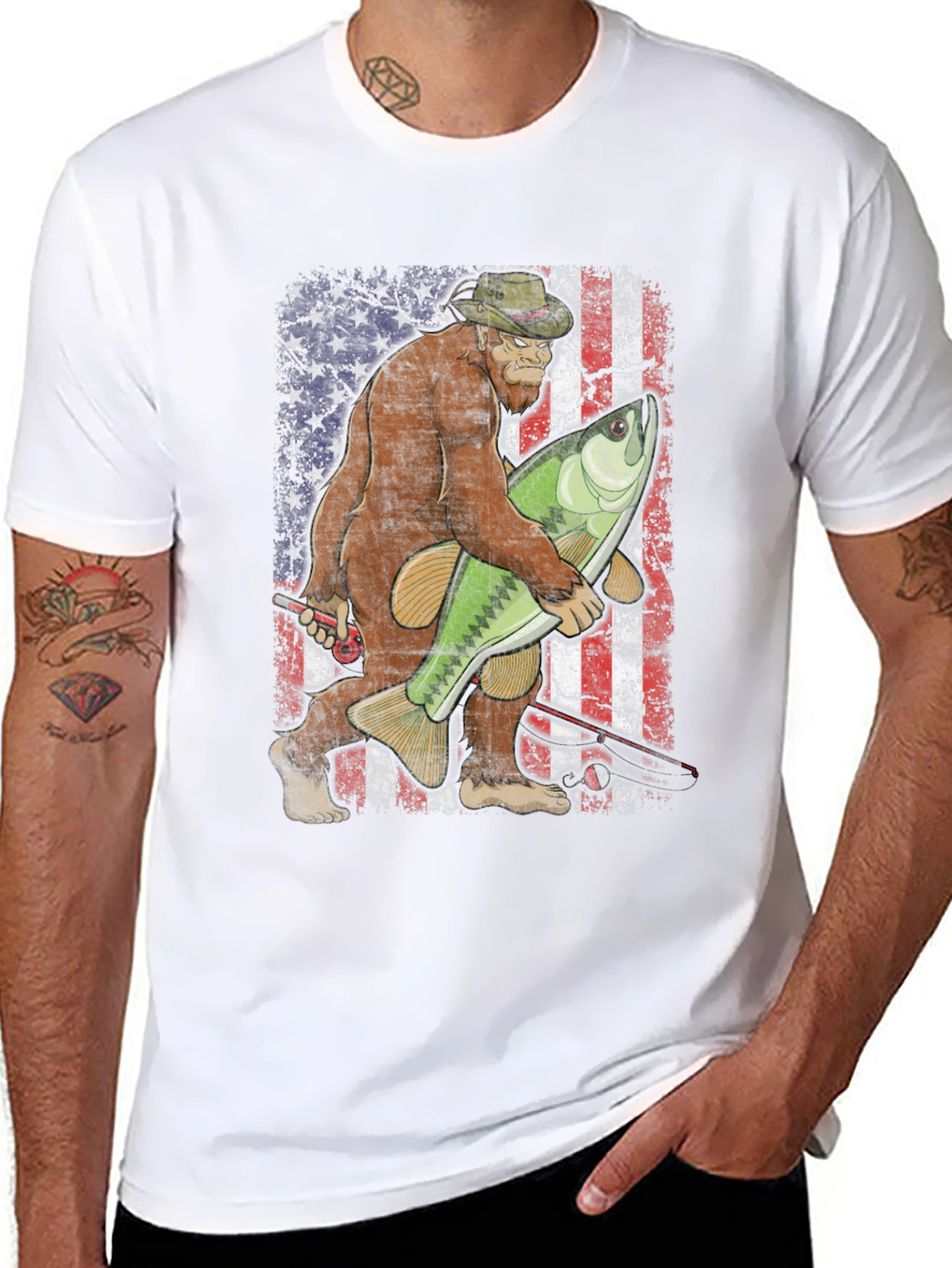 Bigfoot Fishing USA Flag T-Shirt