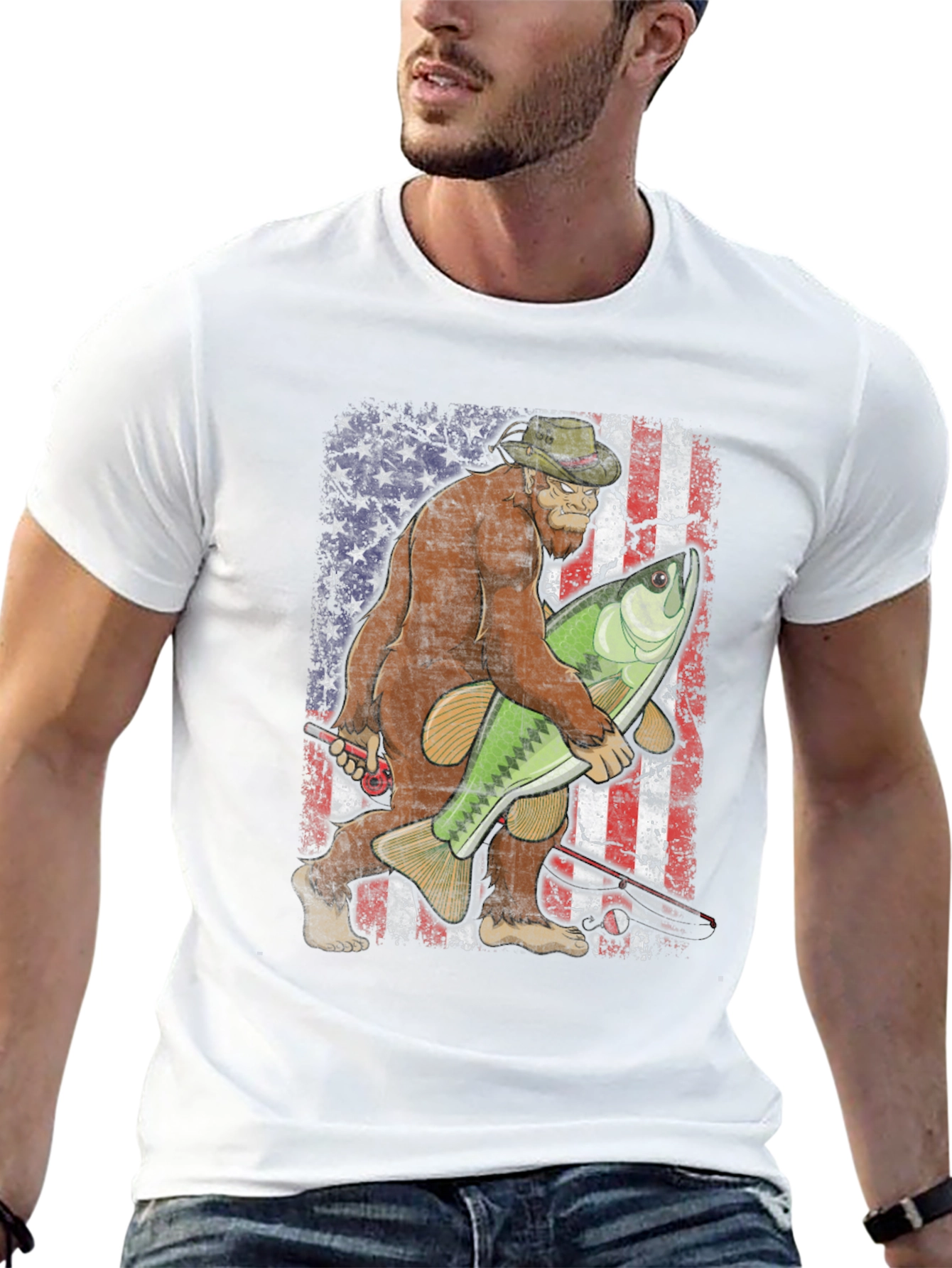 Bigfoot Fishing USA Flag T-Shirt