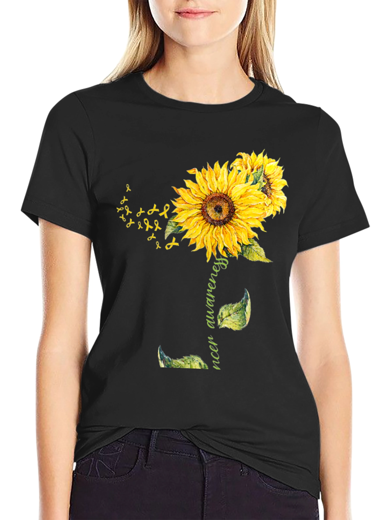 Sunflower Cancer Awareness Black T-Shirt