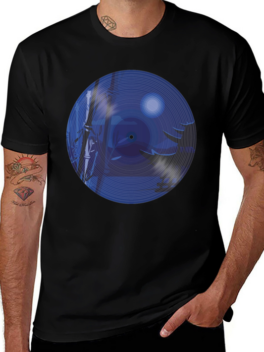 Blue Vinyl Record Forest Scene Graphic T-Shirt