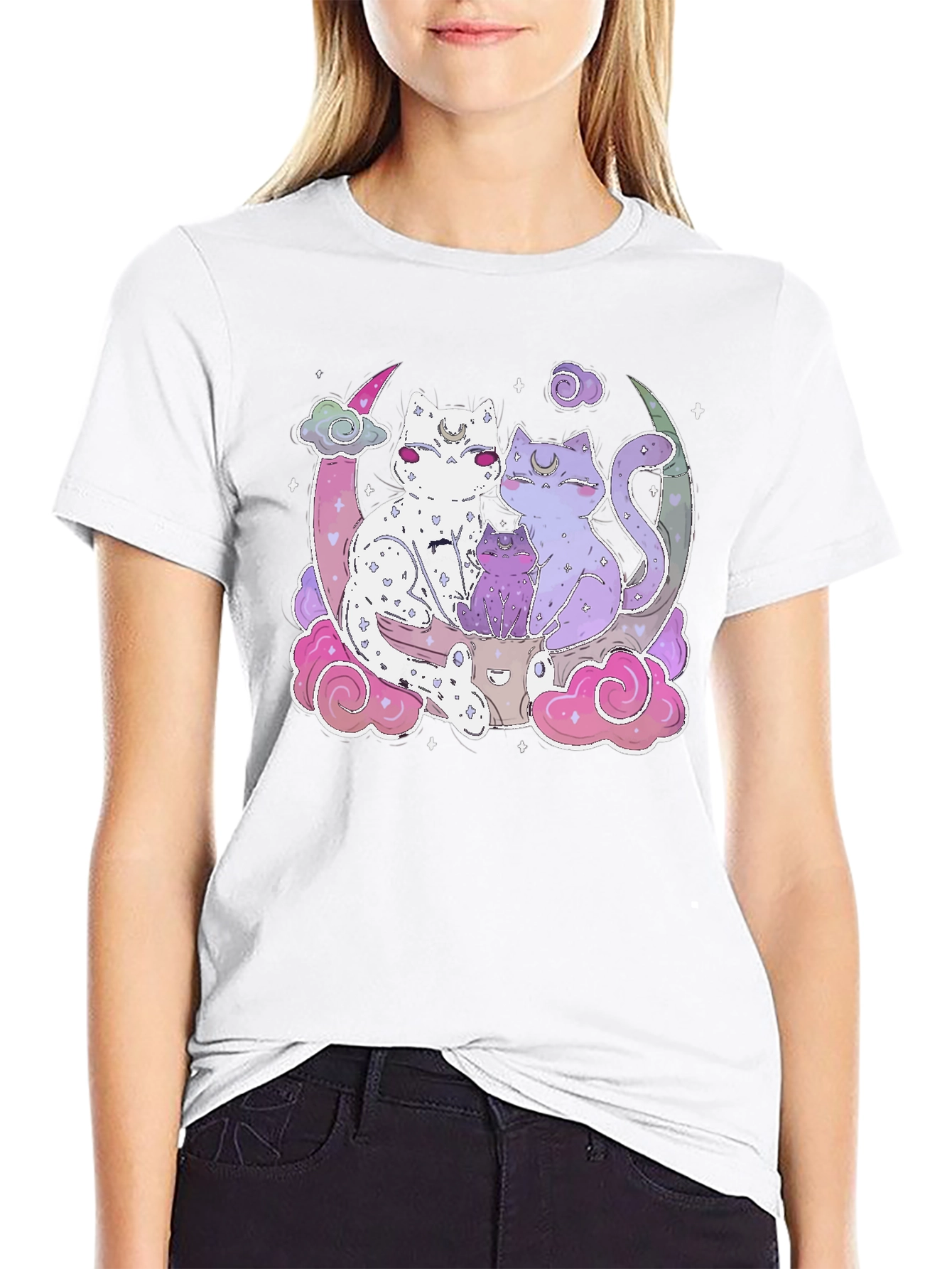 Cute Cats on Moon T-Shirt - Kawaii Style