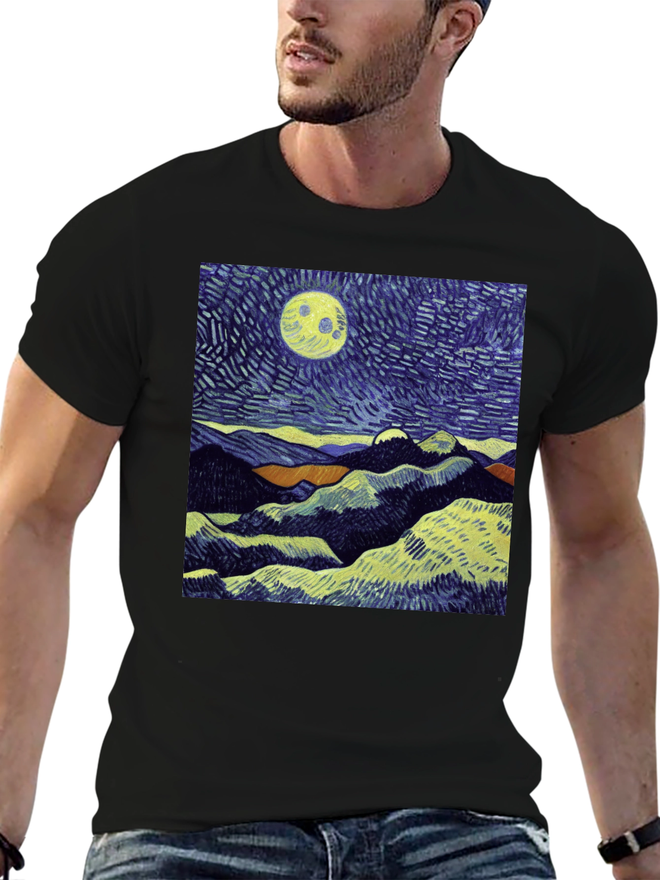 Starry Night Inspired Graphic Tee - Mens Black T-Shirt