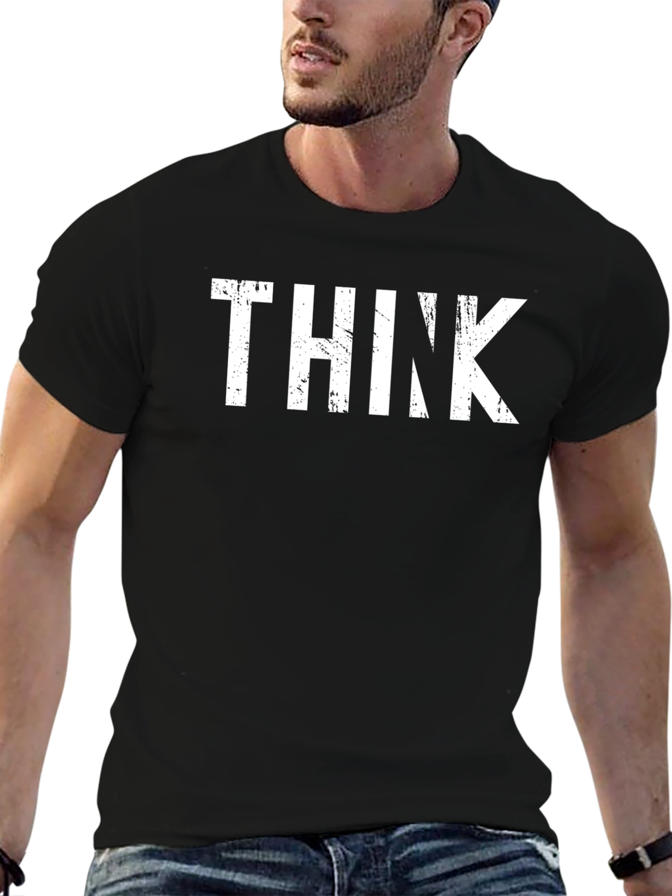 Distressed THINK Graphic Black Tee