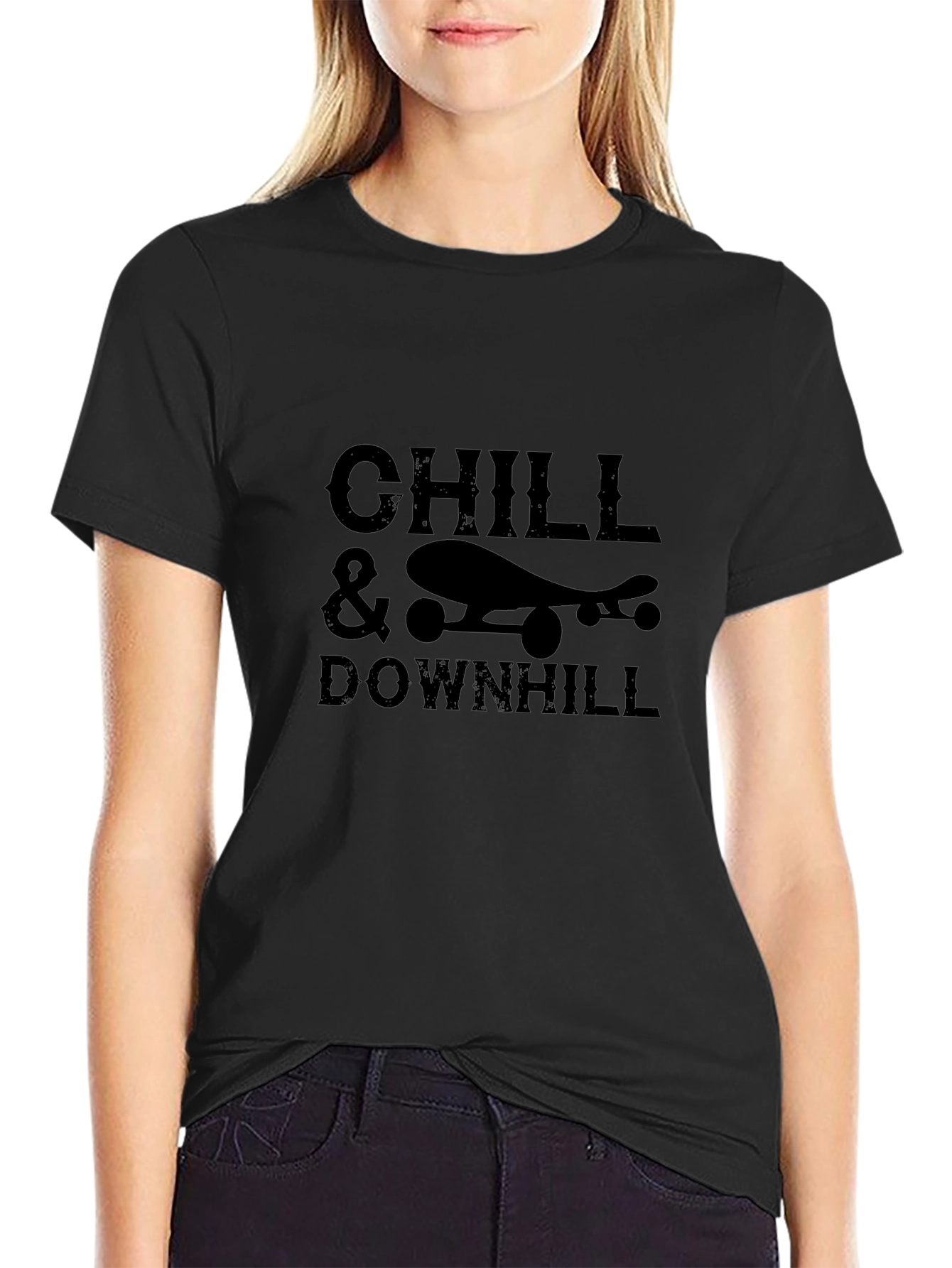Chill & Downhill Skateboard Graphic Tee - Black