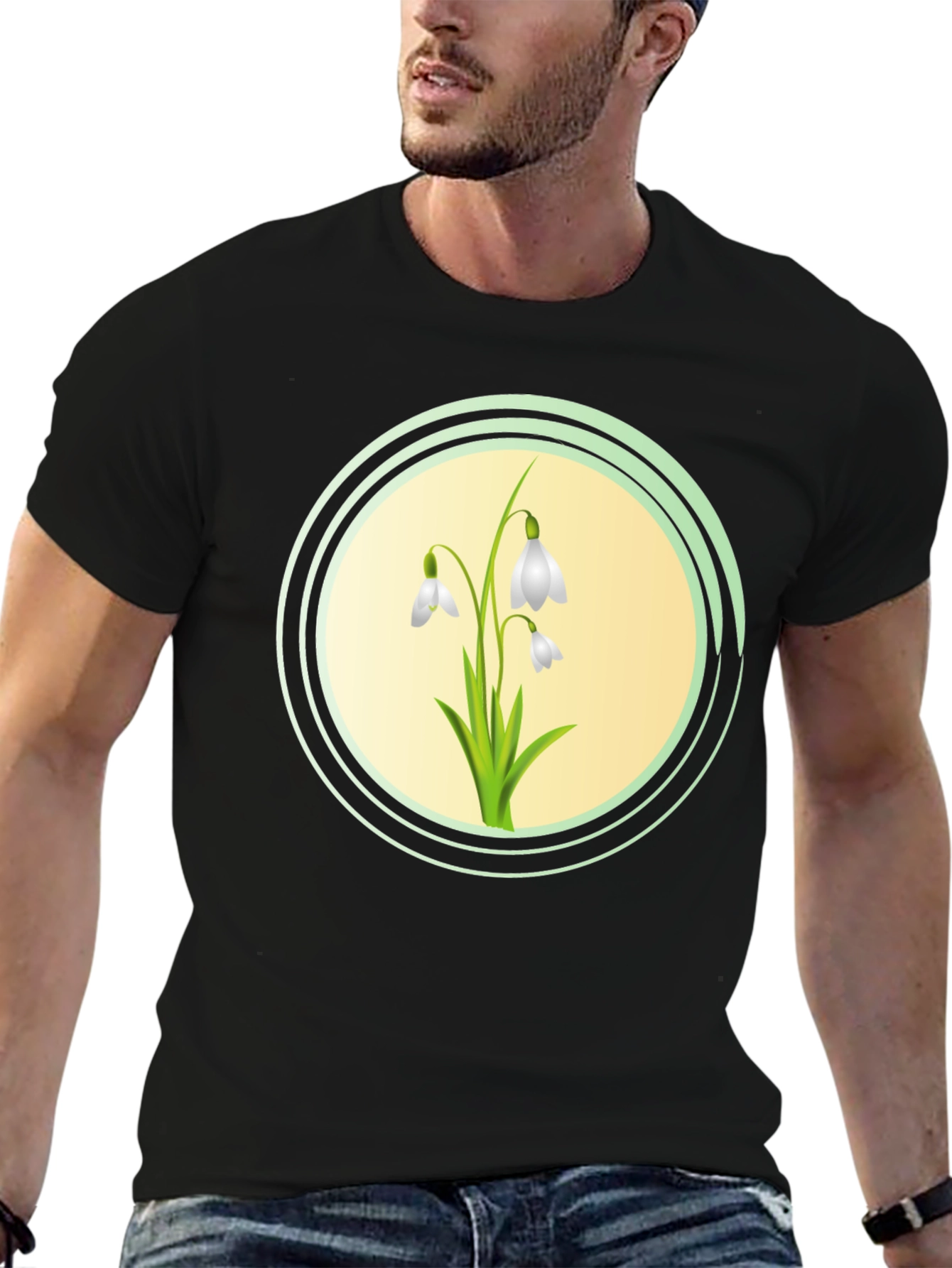 Snowdrop Flower Graphic Black T-Shirt