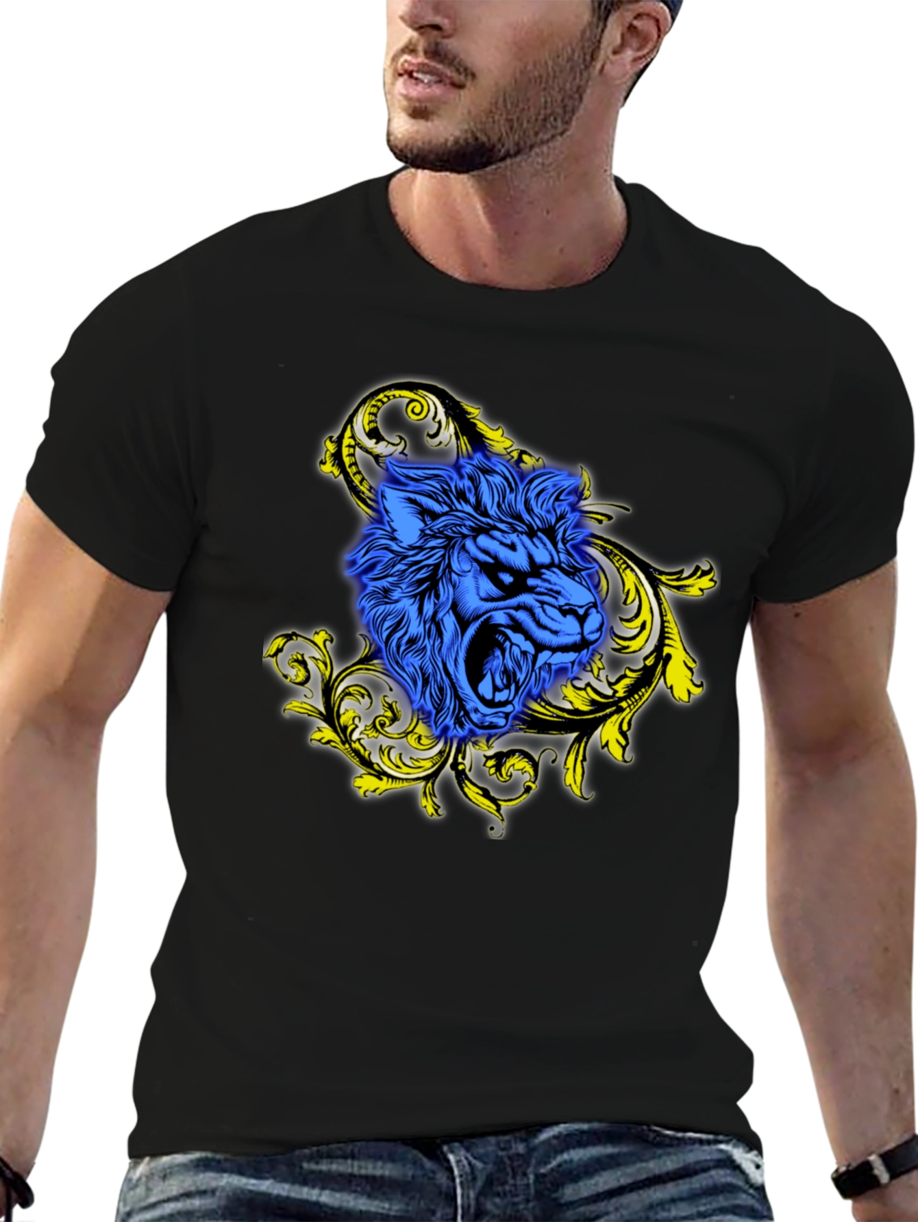 Blue Lion Graphic Black T-Shirt - Bold Style