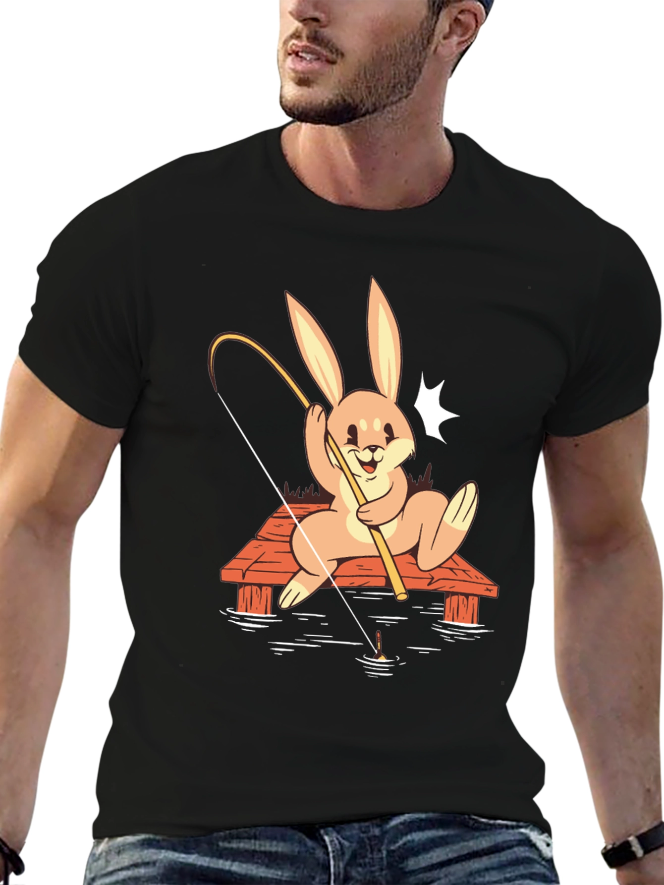 Bunny Fishing Graphic Tee - Black