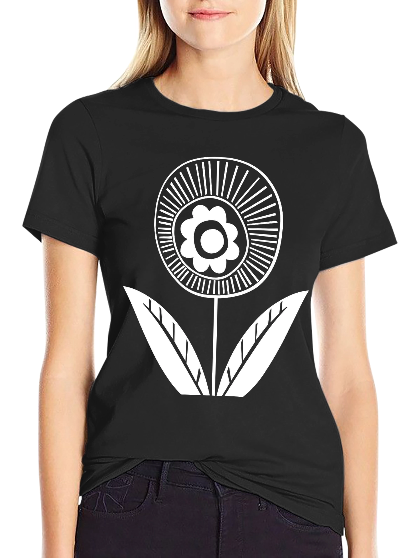 Black T-Shirt with White Flower Graphic
