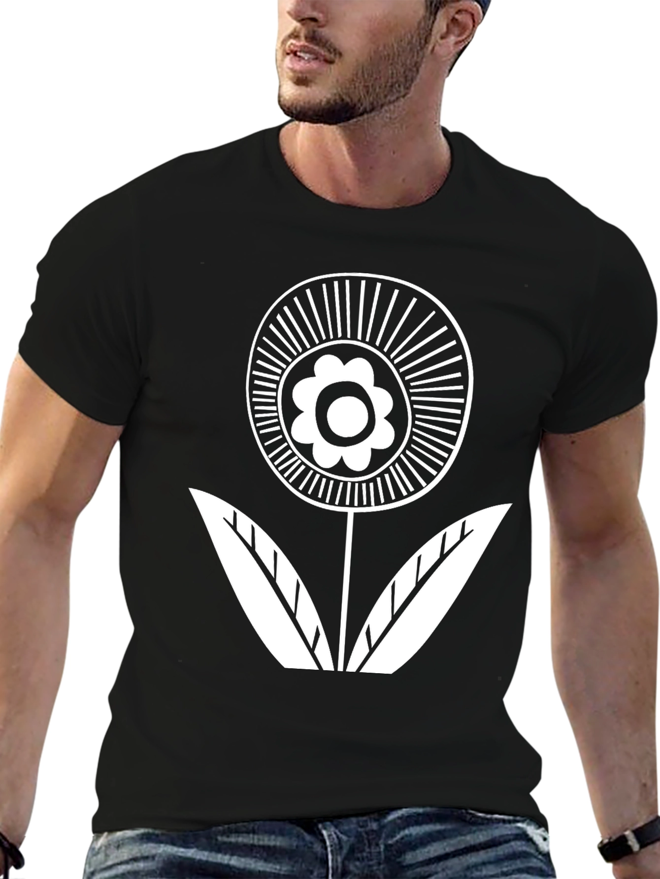 Black T-Shirt with White Flower Graphic