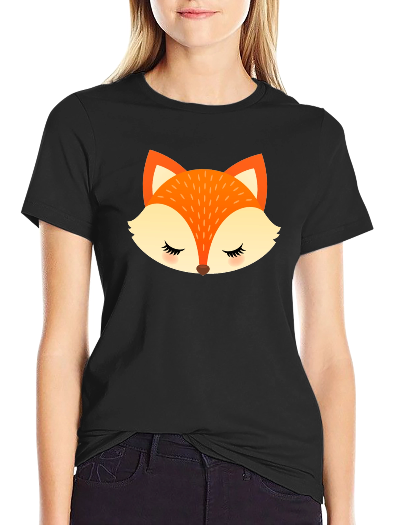 Cute Fox Face Graphic Black T-Shirt