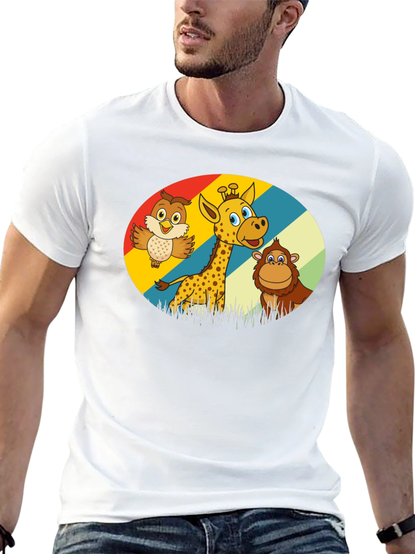 Cartoon Animal Graphic Tee - Owl Giraffe Monkey