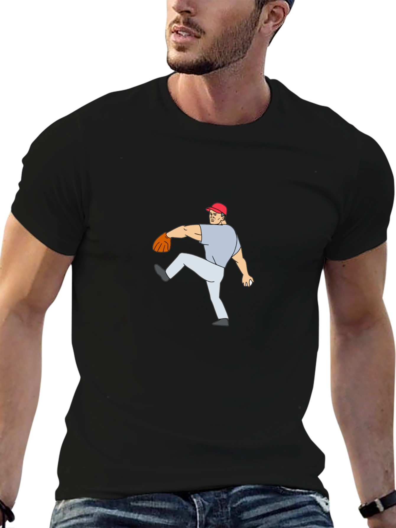 Baseball Pitcher Cartoon Black T-Shirt