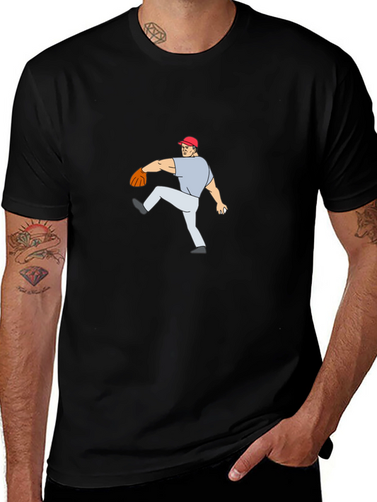 Baseball Pitcher Cartoon Black T-Shirt
