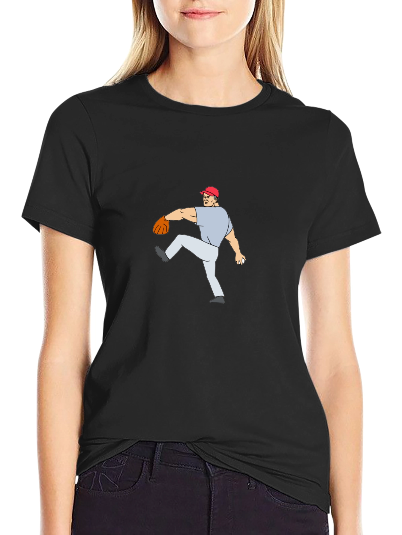 Baseball Pitcher Cartoon Black T-Shirt