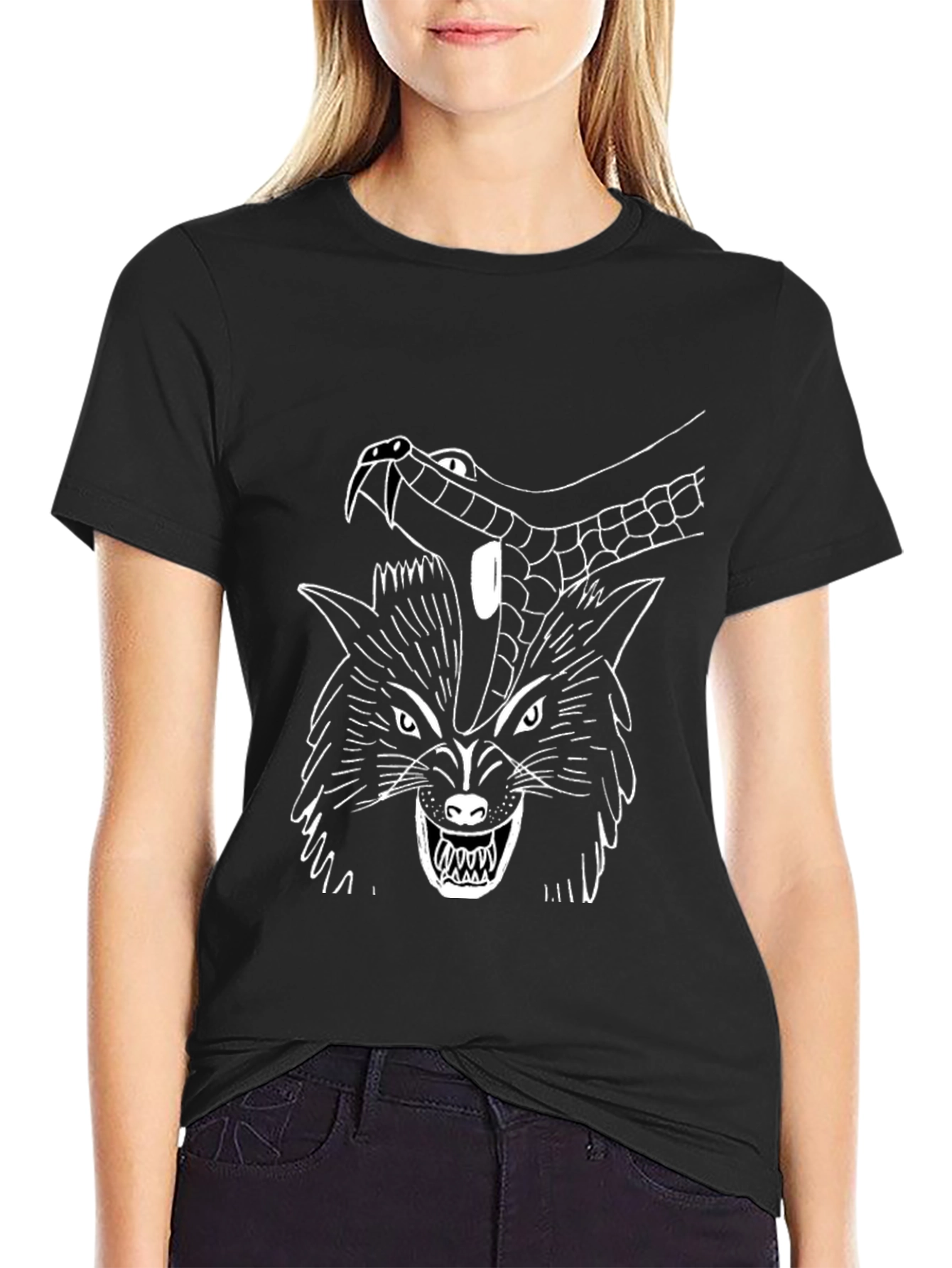 Wolf & Snake Graphic Tee - Black Cotton T-Shirt