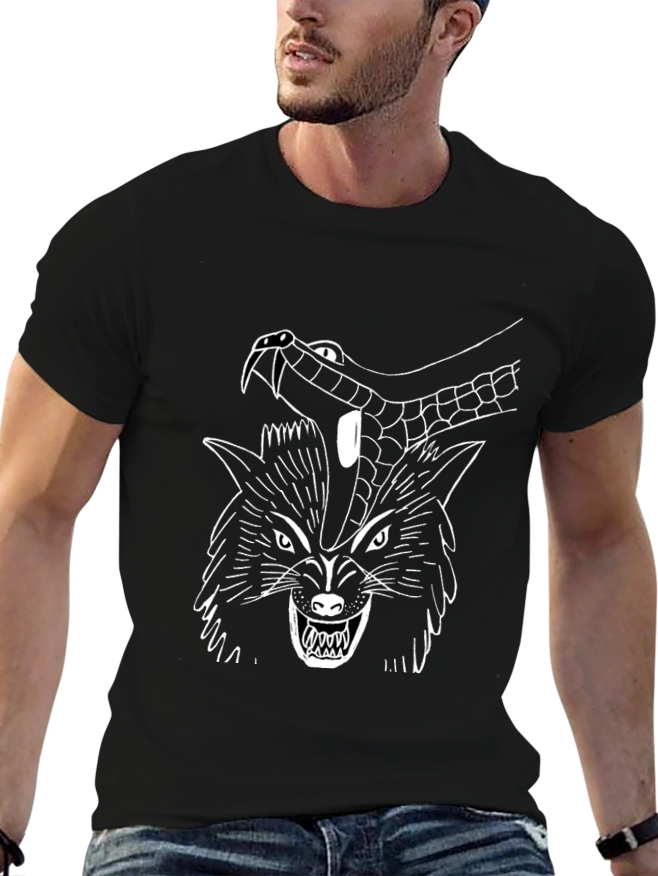 Wolf & Snake Graphic Tee - Black Cotton T-Shirt