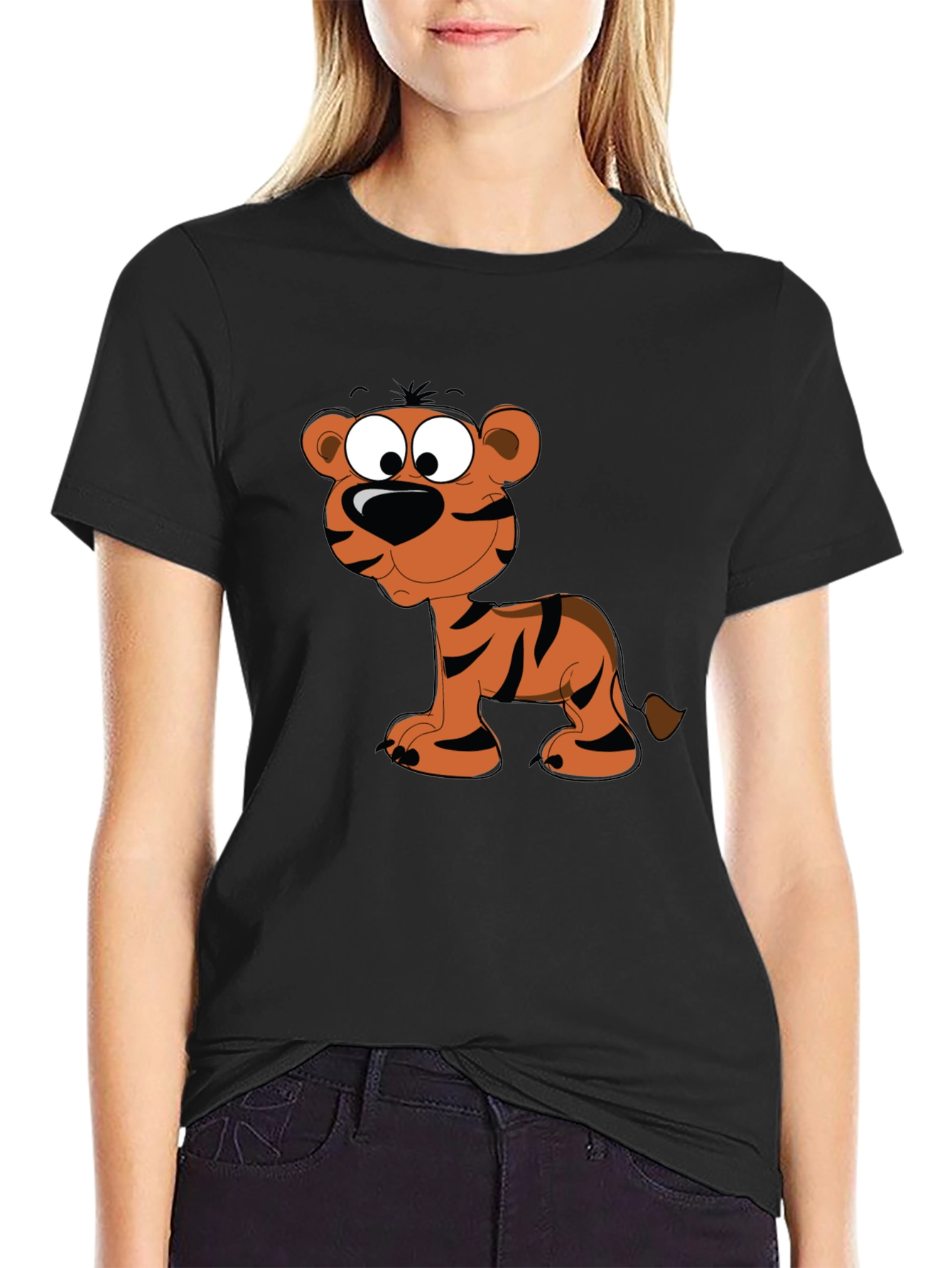 Cartoon Tiger Graphic Tee - Black Cotton T-Shirt