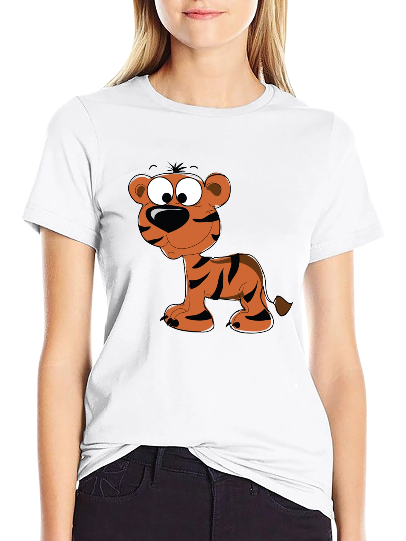 Cartoon Tiger Graphic Tee - Black Cotton T-Shirt