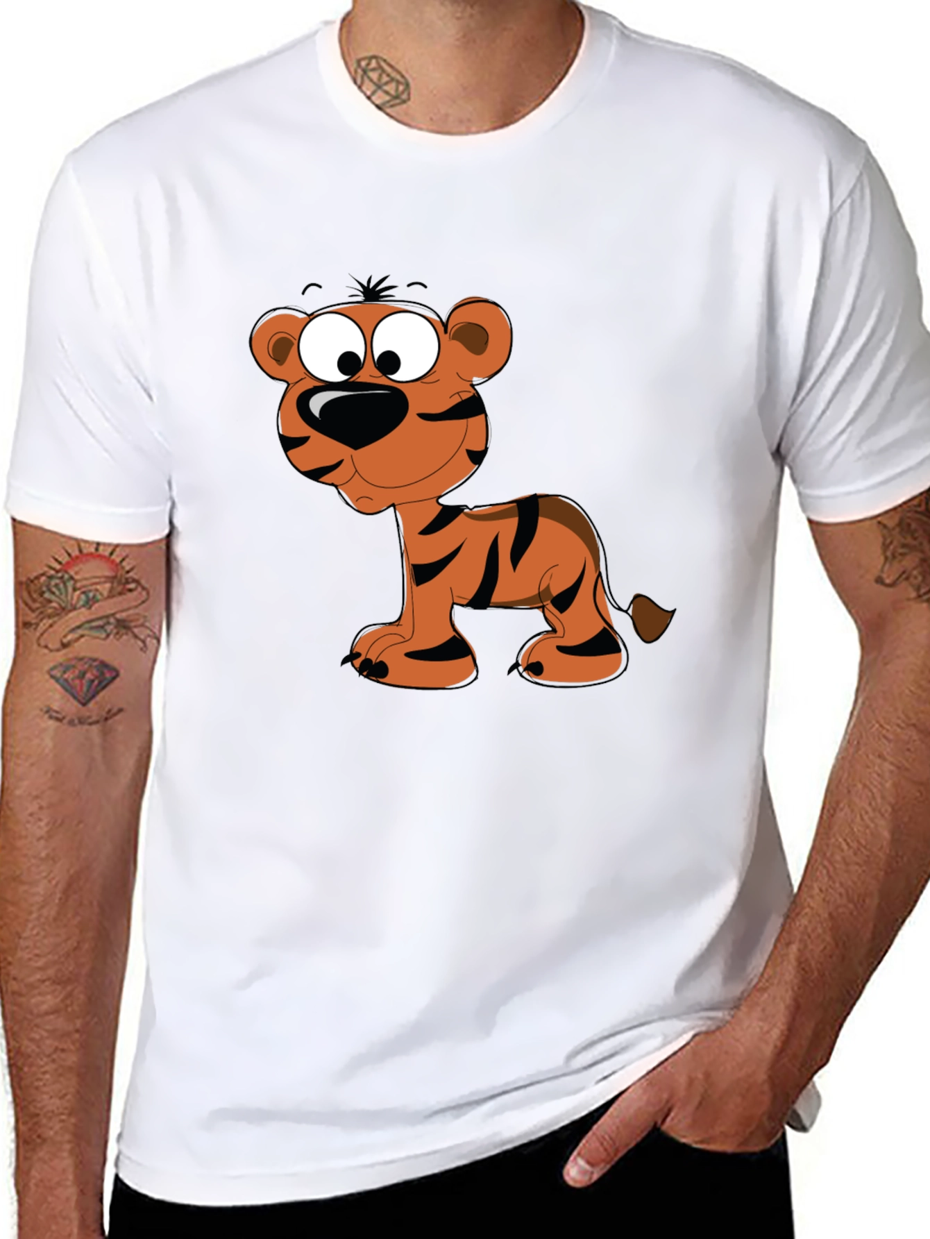 Cartoon Tiger Graphic Tee - Black Cotton T-Shirt