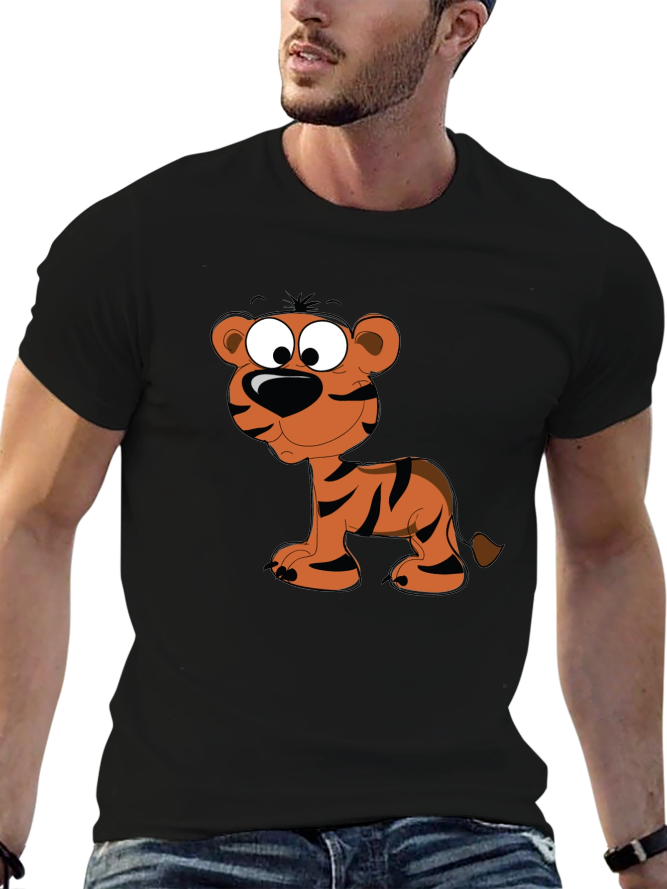 Cartoon Tiger Graphic Tee - Black Cotton T-Shirt