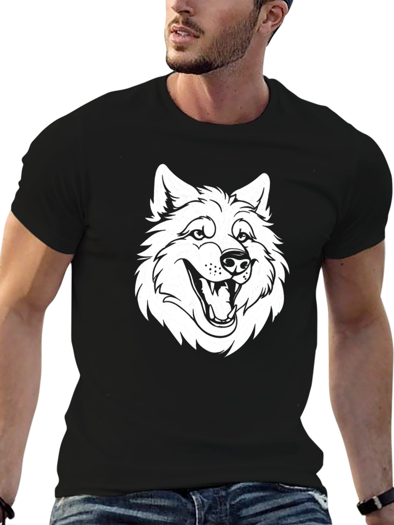 Black T-Shirt with White Wolf Graphic