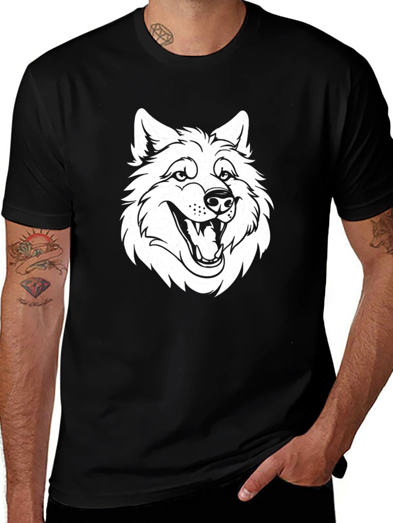 Black T-Shirt with White Wolf Graphic