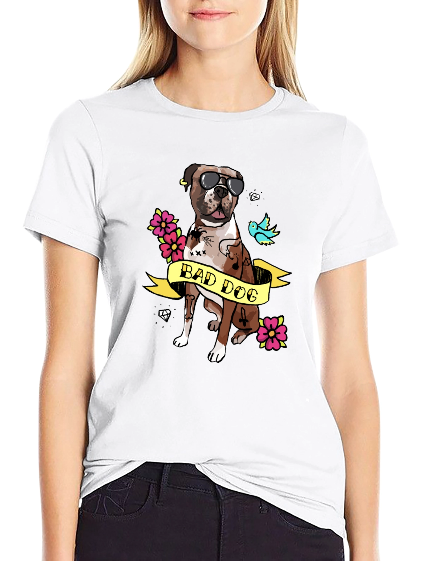 Bad Dog Tattoo Style Graphic T-Shirt