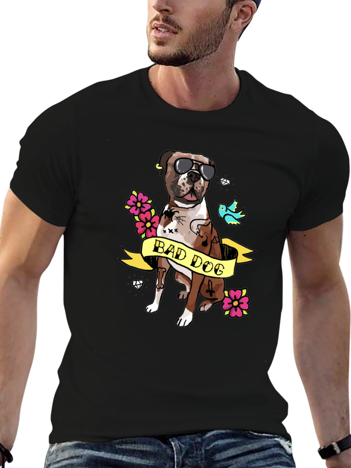 Bad Dog Tattoo Style Graphic T-Shirt