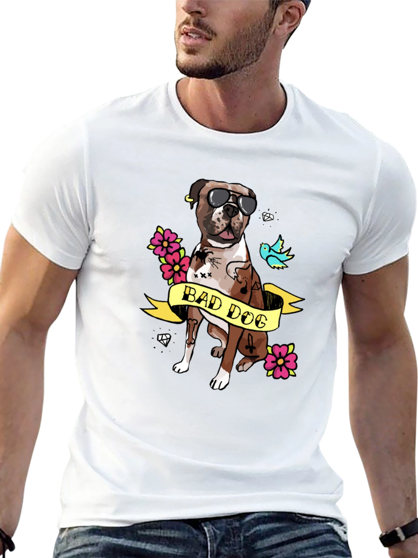 Bad Dog Tattoo Style Graphic T-Shirt